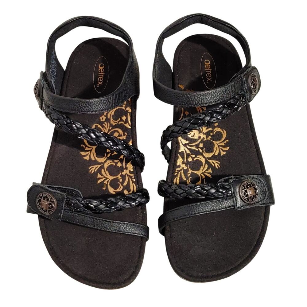 Aetrex Jillian Braided Quarter Strap Sandals Open Toe Black Leather Womens Sz 8 - Picture 5 of 8